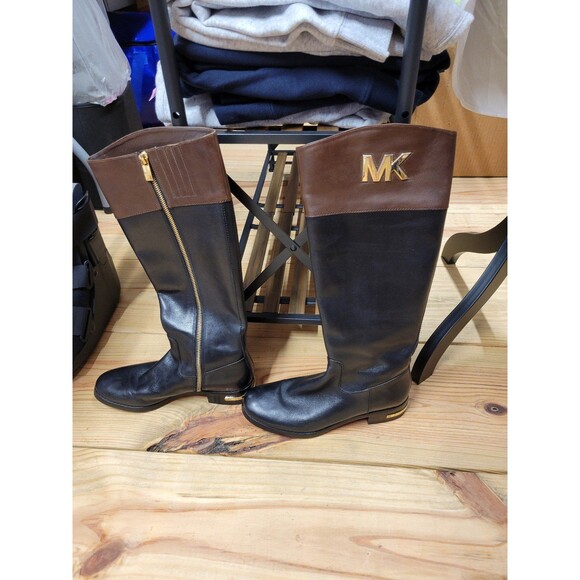 Michael Kors leather Riding Boots Size 7M Black & Brown Knee High Boots - Picture 1 of 12